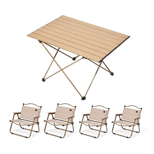 HBOOMOEM Camping Tisch Stuhl Set Camping，Faltbares Campingtisch Set Mit Stuhl，Leicht Und Einfach Zu Tragen, Geeignet FüR Picknicks, Wandern, Angeln, Reisen Und Grillen.(Wood,56CM+4 Chairs) von HBOOMOEM