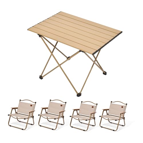 HBOOMOEM Camping Tisch Stuhl Set Camping，Faltbares Campingtisch Set Mit Stuhl，Leicht Und Einfach Zu Tragen, Geeignet FüR Picknicks, Wandern, Angeln, Reisen Und Grillen.(Wood,68CM+4 Chairs) von HBOOMOEM