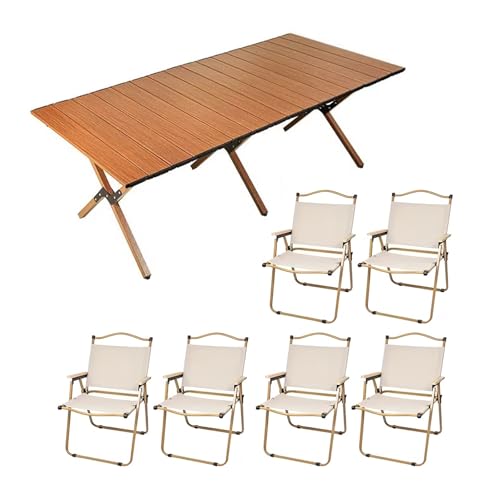 HBOOMOEM Klappbarer Campingtisch Mit StüHlen，Robuster Tisch Und StüHle Im Freien Set ，Geeignet FüR Reisen Im Freien, Strand, Garten, Grillen, Partys Und Picknicks.(Walnut,120CM+6 Chairs) von HBOOMOEM