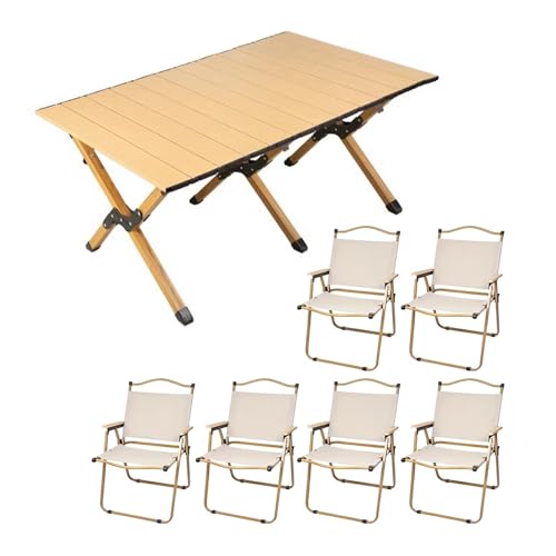 HBOOMOEM Klappbarer Campingtisch Mit StüHlen，Robuster Tisch Und StüHle Im Freien Set ，Geeignet FüR Reisen Im Freien, Strand, Garten, Grillen, Partys Und Picknicks.(Wood,120CM+6 Chairs) von HBOOMOEM