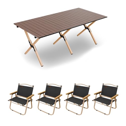 HBOOMOEM Klappbarer Campingtisch Mit StüHlen，Robuster Tisch Und StüHle Im Freien Set ，Geeignet for Camping Im Freien, Picknicks Im Garten Und Catering-Kochen.(Coffee,150CM+4 Chairs) von HBOOMOEM