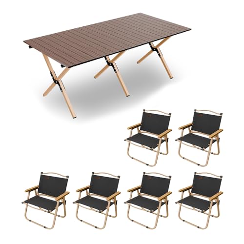 HBOOMOEM Klappbarer Campingtisch Mit StüHlen，Robuster Tisch Und StüHle Im Freien Set ，Geeignet for Camping Im Freien, Picknicks Im Garten Und Catering-Kochen.(Coffee,150CM+6 Chairs) von HBOOMOEM
