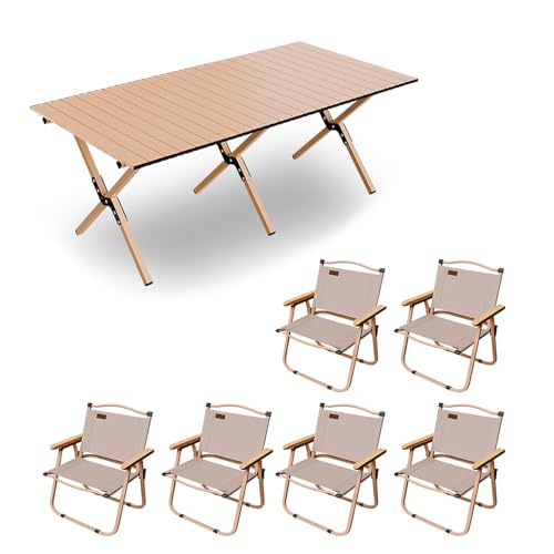 HBOOMOEM Klappbarer Campingtisch Mit StüHlen，Robuster Tisch Und StüHle Im Freien Set ，Geeignet for Camping Im Freien, Picknicks Im Garten Und Catering-Kochen.(Khaki,120CM+6 Chairs) von HBOOMOEM