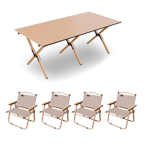 HBOOMOEM Klappbarer Campingtisch Mit StüHlen，Robuster Tisch Und StüHle Im Freien Set ，Geeignet for Camping Im Freien, Picknicks Im Garten Und Catering-Kochen.(Khaki,150CM+4 Chairs) von HBOOMOEM