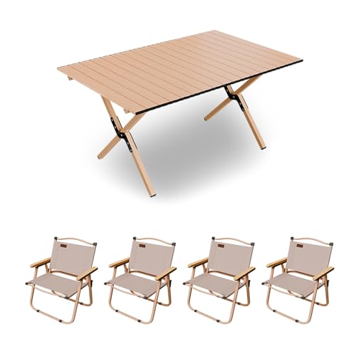 HBOOMOEM Klappbarer Campingtisch Mit StüHlen，Robuster Tisch Und StüHle Im Freien Set ，Geeignet for Camping Im Freien, Picknicks Im Garten Und Catering-Kochen.(Khaki,90CM+4 Chairs) von HBOOMOEM