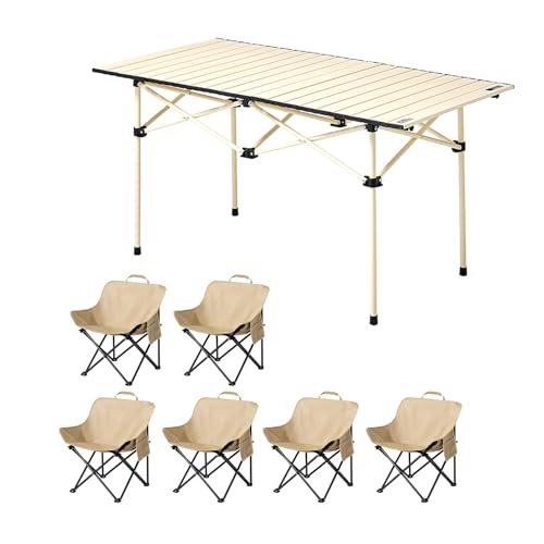 HBOOMOEM Klappbarer Campingtisch Mit StüHlen，Robuster Tisch Und StüHle Im Freien Set ，Leicht Und Einfach Zu Tragen, Geeignet FüR Garten, Party, Picknick, Grillen.(White,121CM+6 Chairs) von HBOOMOEM