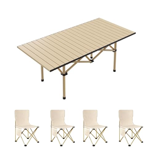 HBOOMOEM Klappbarer Campingtisch Set，Leichter Picknicktisch Und StüHle，Wird Mit Einer Tragetasche Geliefert, Geeignet FüR Picknicks, Den Garten Und Zum Angeln.(Normal,Khaki_95CM+4 Chairs) von HBOOMOEM