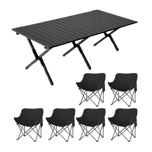 HBOOMOEM Klappbarer Campingtisch Set，Robuster Tisch Und StüHle Im Freien Set ，FüR Den Innen- Und AußEnbereich Geeignet, Geeignet FüR Picknicks, Gartenarbeit Und Reisen.(Black,120CM+6 Chairs) von HBOOMOEM