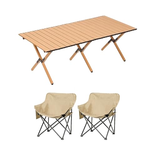 HBOOMOEM Klappbarer Campingtisch Set，Robuster Tisch Und StüHle Im Freien Set ，FüR Den Innen- Und AußEnbereich Geeignet, Geeignet FüR Picknicks, Gartenarbeit Und Reisen.(Khaki,120CM+2 Chairs) von HBOOMOEM