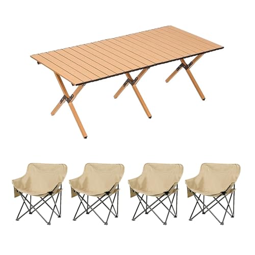 HBOOMOEM Klappbarer Campingtisch Set，Robuster Tisch Und StüHle Im Freien Set ，FüR Den Innen- Und AußEnbereich Geeignet, Geeignet FüR Picknicks, Gartenarbeit Und Reisen.(Khaki,120CM+4 Chairs) von HBOOMOEM