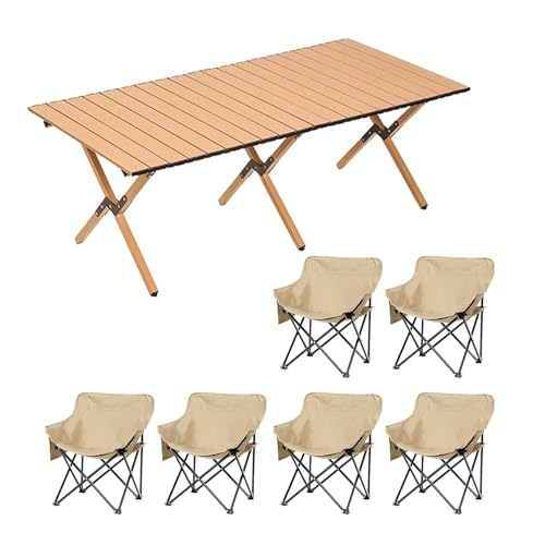 HBOOMOEM Klappbarer Campingtisch Set，Robuster Tisch Und StüHle Im Freien Set ，FüR Den Innen- Und AußEnbereich Geeignet, Geeignet FüR Picknicks, Gartenarbeit Und Reisen.(Khaki,120CM+6 Chairs) von HBOOMOEM