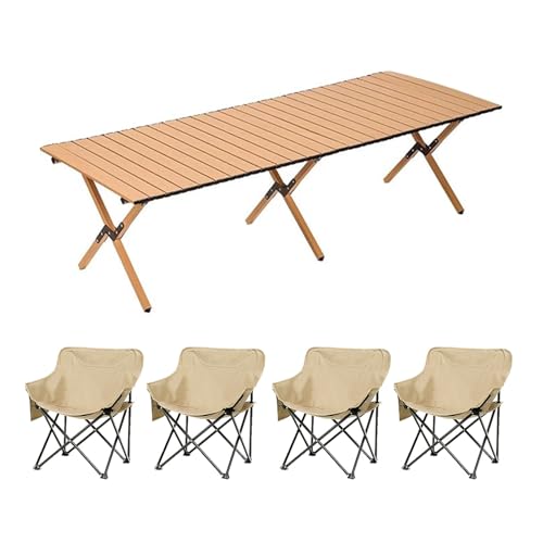 HBOOMOEM Klappbarer Campingtisch Set，Robuster Tisch Und StüHle Im Freien Set ，FüR Den Innen- Und AußEnbereich Geeignet, Geeignet FüR Picknicks, Gartenarbeit Und Reisen.(Khaki,150CM+4 Chairs) von HBOOMOEM