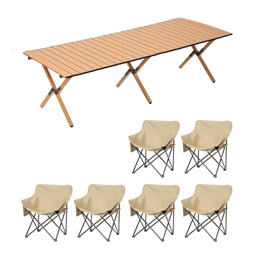 HBOOMOEM Klappbarer Campingtisch Set，Robuster Tisch Und StüHle Im Freien Set ，FüR Den Innen- Und AußEnbereich Geeignet, Geeignet FüR Picknicks, Gartenarbeit Und Reisen.(Khaki,150CM+6 Chairs) von HBOOMOEM