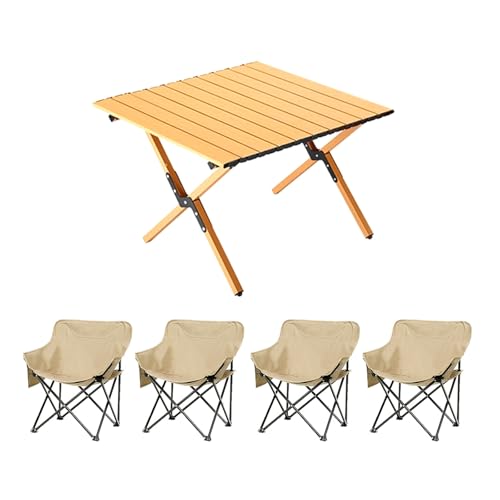 HBOOMOEM Klappbarer Campingtisch Set，Robuster Tisch Und StüHle Im Freien Set ，FüR Den Innen- Und AußEnbereich Geeignet, Geeignet FüR Picknicks, Gartenarbeit Und Reisen.(Khaki,60CM+4 Chairs) von HBOOMOEM