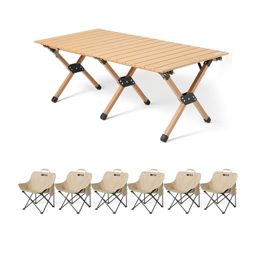HBOOMOEM Klappbarer Campingtisch Set，Robuster Tisch Und StüHle Im Freien Set ，Geeignet for Grillen Im Freien/Drinnen, Gartenparty, Faltbares Und Tragbares Design.(Khaki,120+A6) von HBOOMOEM