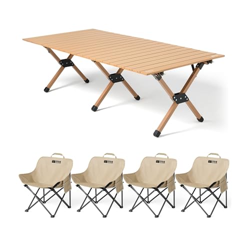HBOOMOEM Klappbarer Campingtisch Set，Robuster Tisch Und StüHle Im Freien Set ，Geeignet for Grillen Im Freien/Drinnen, Gartenparty, Faltbares Und Tragbares Design.(Khaki,150+A4) von HBOOMOEM