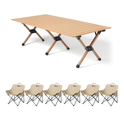 HBOOMOEM Klappbarer Campingtisch Set，Robuster Tisch Und StüHle Im Freien Set ，Geeignet for Grillen Im Freien/Drinnen, Gartenparty, Faltbares Und Tragbares Design.(Khaki,150+A6) von HBOOMOEM