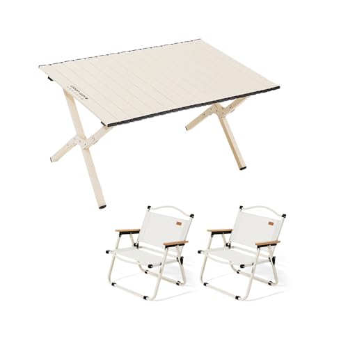 HBOOMOEM Klappbarer Campingtisch Set，Robuster Tisch Und StüHle Im Freien Set ，Wird Mit Einer Aufbewahrungstasche Geliefert, Geeignet FüR Strand, Angeln, Grillen.(White,90CM+2 Chairs) von HBOOMOEM