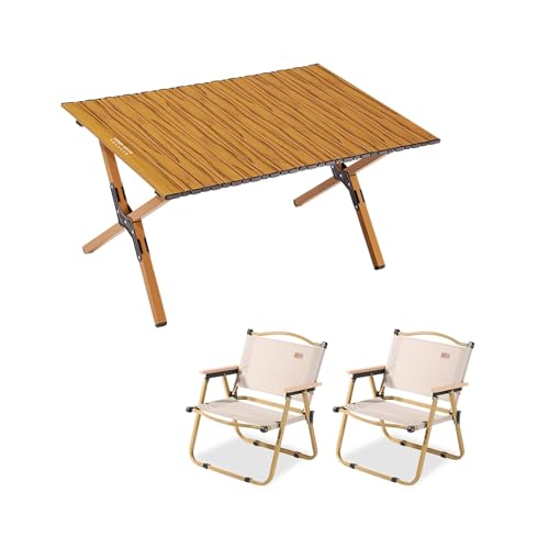 HBOOMOEM Klappbarer Campingtisch Set，Robuster Tisch Und StüHle Im Freien Set ，Wird Mit Einer Aufbewahrungstasche Geliefert, Geeignet FüR Strand, Angeln, Grillen.(Wood,90CM+2 Chairs) von HBOOMOEM