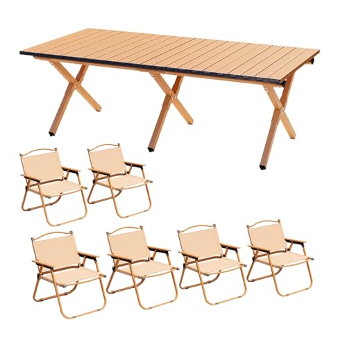 HBOOMOEM Robuster Tisch Und StüHle Im Freien Set，Tragbarer Picknicktisch Mit StüHlen，Wird Mit Einer Aufbewahrungstasche Geliefert, Geeignet FüR Strand, Camping Und Balkon.(Wood,120CM+6 Chairs) von HBOOMOEM