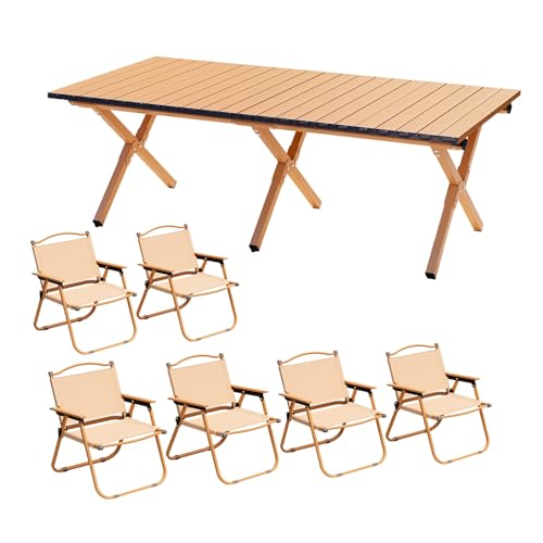 HBOOMOEM Robuster Tisch Und StüHle Im Freien Set，Tragbarer Picknicktisch Mit StüHlen，Wird Mit Einer Aufbewahrungstasche Geliefert, Geeignet FüR Strand, Camping Und Balkon.(Wood,150CM+6 Chairs) von HBOOMOEM