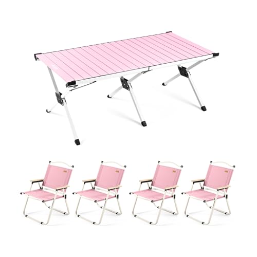HBOOMOEM Set Klapptische Und StüHle，Robuster Tisch Und StüHle Im Freien Set ，Leicht Und Einfach Zu Tragen, Geeignet FüR GäRten Im Freien, Camping, Festivals Usw.(Pink,120CM+4 Chairs) von HBOOMOEM