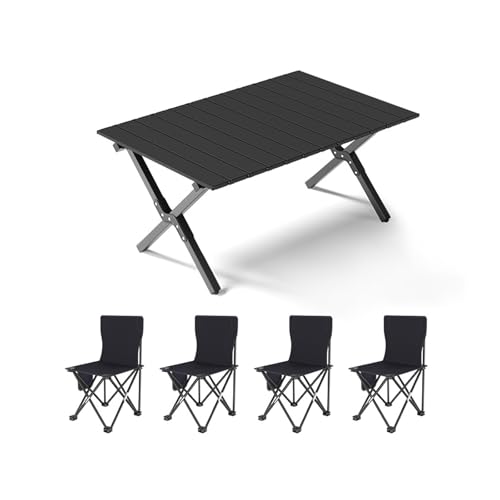 HBOOMOEM Set Klapptische Und StüHle，Tragbarer Klapptisch Camping Inklusive Hockern，FüR Den AußEn- Und Innenbereich Geeignet, Geeignet Zum Grillen, Picknick, Gartenparty.(Normal,Black_90CM+4 Chairs) von HBOOMOEM