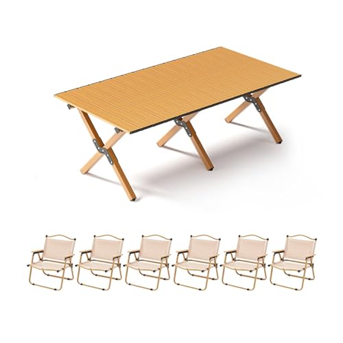 HBOOMOEM Set Klapptische Und StüHle，Tragbarer Klapptisch Camping Inklusive Hockern，FüR Den AußEn- Und Innenbereich Geeignet, Geeignet Zum Grillen, Picknick, Gartenparty.(Upgrade,Khaki_120CM+6 Chairs) von HBOOMOEM
