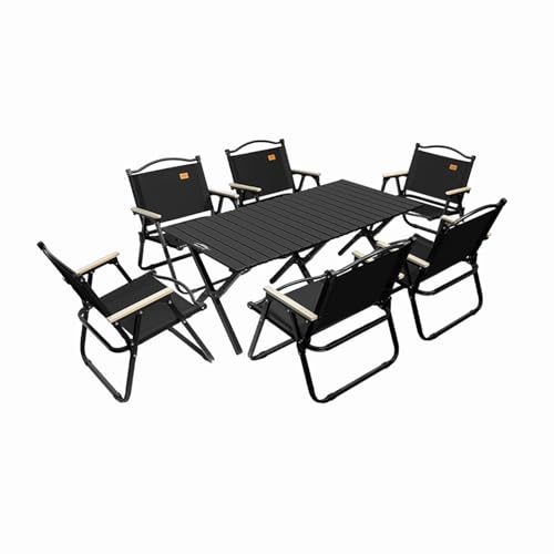 HBOOMOEM Tragbarer Klapptisch Camping Inklusive Hockern，Robuster Tisch Und StüHle Im Freien Set，Geeignet for StrandausflüGe, Gartenpartys, Grillabende Im Freien Usw.(Black,120CM+6 Chairs) von HBOOMOEM