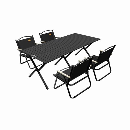 HBOOMOEM Tragbarer Klapptisch Camping Inklusive Hockern，Robuster Tisch Und StüHle Im Freien Set，Geeignet for StrandausflüGe, Gartenpartys, Grillabende Im Freien Usw.(Black,150CM+4 Chairs) von HBOOMOEM