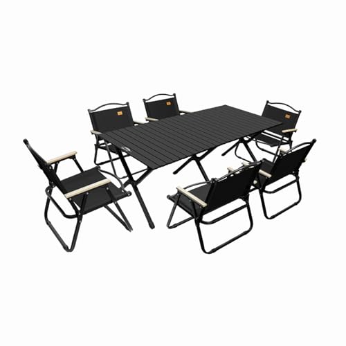 HBOOMOEM Tragbarer Klapptisch Camping Inklusive Hockern，Robuster Tisch Und StüHle Im Freien Set，Geeignet for StrandausflüGe, Gartenpartys, Grillabende Im Freien Usw.(Black,150CM+6 Chairs) von HBOOMOEM