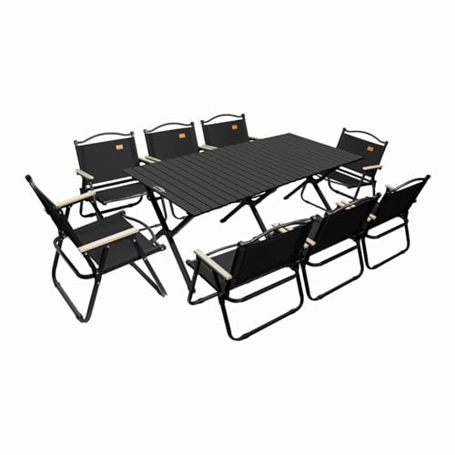 HBOOMOEM Tragbarer Klapptisch Camping Inklusive Hockern，Robuster Tisch Und StüHle Im Freien Set，Geeignet for StrandausflüGe, Gartenpartys, Grillabende Im Freien Usw.(Black,150CM+8 Chairs) von HBOOMOEM