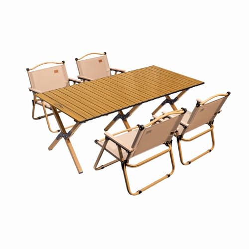 HBOOMOEM Tragbarer Klapptisch Camping Inklusive Hockern，Robuster Tisch Und StüHle Im Freien Set，Geeignet for StrandausflüGe, Gartenpartys, Grillabende Im Freien Usw.(Wood,120CM+4 Chairs) von HBOOMOEM