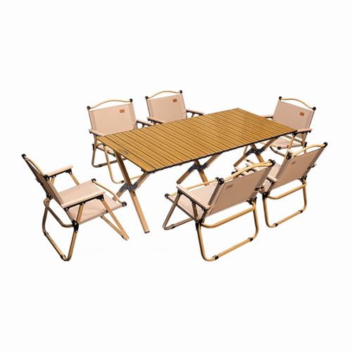 HBOOMOEM Tragbarer Klapptisch Camping Inklusive Hockern，Robuster Tisch Und StüHle Im Freien Set，Geeignet for StrandausflüGe, Gartenpartys, Grillabende Im Freien Usw.(Wood,120CM+6 Chairs) von HBOOMOEM