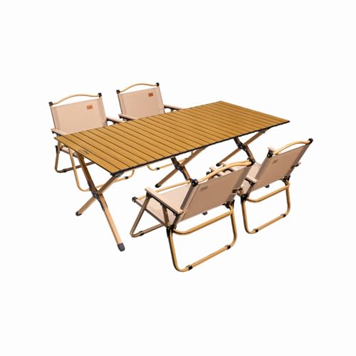 HBOOMOEM Tragbarer Klapptisch Camping Inklusive Hockern，Robuster Tisch Und StüHle Im Freien Set，Geeignet for StrandausflüGe, Gartenpartys, Grillabende Im Freien Usw.(Wood,150CM+4 Chairs) von HBOOMOEM