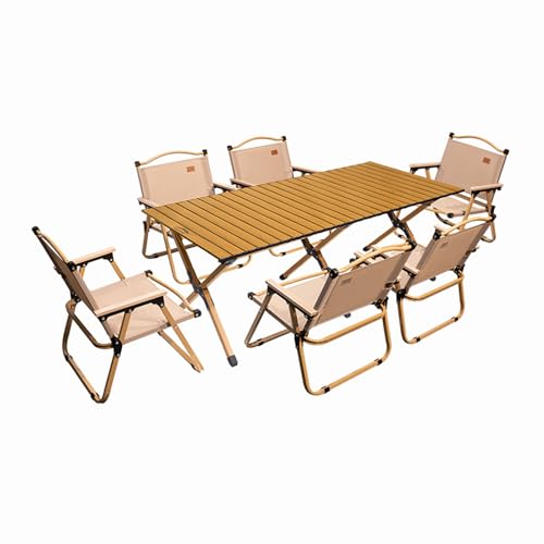 HBOOMOEM Tragbarer Klapptisch Camping Inklusive Hockern，Robuster Tisch Und StüHle Im Freien Set，Geeignet for StrandausflüGe, Gartenpartys, Grillabende Im Freien Usw.(Wood,150CM+6 Chairs) von HBOOMOEM