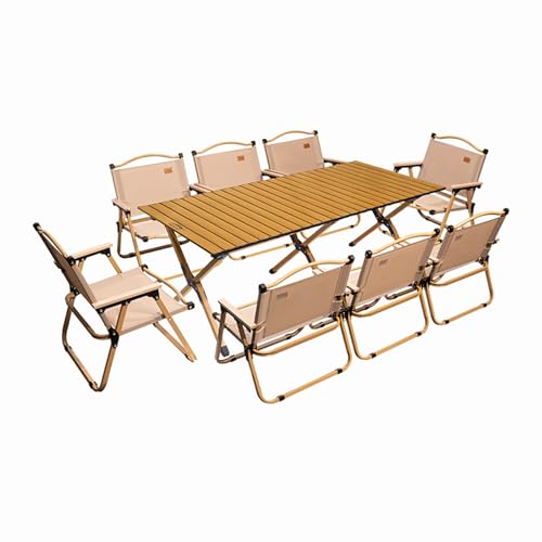 HBOOMOEM Tragbarer Klapptisch Camping Inklusive Hockern，Robuster Tisch Und StüHle Im Freien Set，Geeignet for StrandausflüGe, Gartenpartys, Grillabende Im Freien Usw.(Wood,150CM+8 Chairs) von HBOOMOEM
