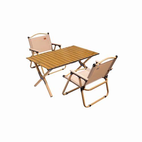 HBOOMOEM Tragbarer Klapptisch Camping Inklusive Hockern，Robuster Tisch Und StüHle Im Freien Set，Geeignet for StrandausflüGe, Gartenpartys, Grillabende Im Freien Usw.(Wood,90CM+2 Chairs) von HBOOMOEM