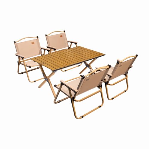 HBOOMOEM Tragbarer Klapptisch Camping Inklusive Hockern，Robuster Tisch Und StüHle Im Freien Set，Geeignet for StrandausflüGe, Gartenpartys, Grillabende Im Freien Usw.(Wood,90CM+4 Chairs) von HBOOMOEM