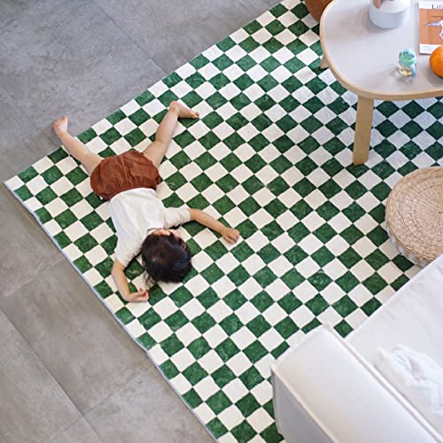 Grün Weißer Schachbrett Teppich – Weicher Geometrisch Karierter Teppich, Rutschfester Shag-Teppich Für Schlafzimmer, Wohnzimmer, Heimdekoration,80×120CM,Green von HBOY