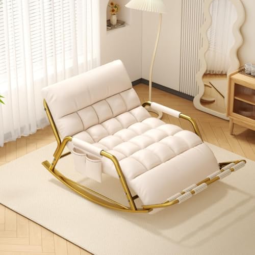 HBSSP Doppelter Schaukelstuhl Wohnzimmer,Gemütlicher Loungesessel Außenbereich mit Armlehnen Seitentaschen, for Terrasse Auf Dem Balkon Oder Veranda(Off White,Gold Tube) von HBSSP