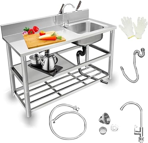 HBSSP Edelstahlspüle mit Einzelschale Edelstahl Tischspüle Im Freien Mit Heiß-Kaltwasserhahn, Kommerzielle Edelstahl-Spülbecken für Garage, Waschraum(rechte Schüssel,80cm) von HBSSP