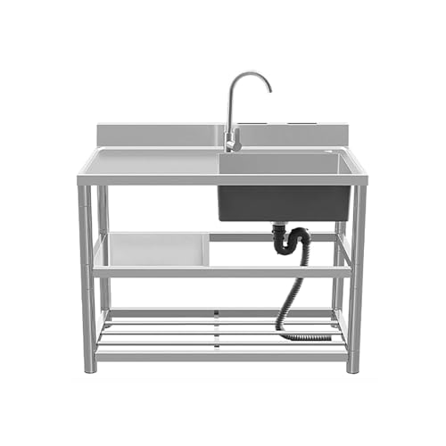 HBSSP Großes Einzelbecken-Spülbecken Edelstahl Außenbereich mit Warm- Und Kaltwasserhahn Und Abtropfgestell Handwaschstation mit 1 Fach(Left Cold,100x50x80cm) von HBSSP