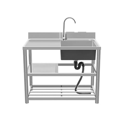 HBSSP Großes Einzelbecken-Spülbecken Edelstahl Außenbereich mit Warm- Und Kaltwasserhahn Und Abtropfgestell Handwaschstation mit 1 Fach(Left Cold,90x50x80cm) von HBSSP