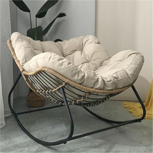 HBSSP Moderner Terrassenschaukelstuhl Außenstuhl mit Gepolstertem Kissen Übergroßer Loungesessel Rattangeflecht for Den Innenbereich, Metallrahmen Mit Großen Stützen(Beige) von HBSSP