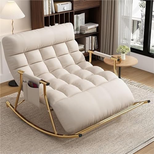 HBSSP Schaukelstuhl Doppelschlafzimmer Schaukelstuhl Wohnzimmer Im Freien Moderner Loungesessel Balkon Mit Armlehnen Mit Seitentaschen(Beige,Goldpipe) von HBSSP