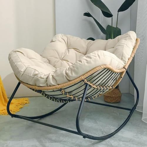 HBSSP Schaukelstuhl Korbgeflecht Drinnen Draußen, Bequemer Gepolsterter Moderner Loungesessel for Schlafzimmer, Wohnzimmer, Veranda, Garten, Terrasse(Off White) von HBSSP