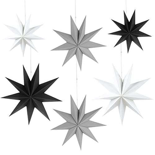 HBSTK 6 x Faltstern Weihnachten Papiersterne 9 Zacken Faltsterne Sterne Papier 3D Sterne zur Dekoration von Fenster Weihnachtsbaum Advent 2 x Φ25 cm, 2 x Φ30 cm, 2 x Φ45 cm (Schwarz, Weiß, Grau) von HBSTK