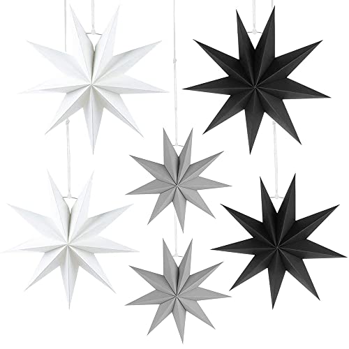 HBSTK 6 x Faltstern Weihnachten Papiersterne 9 Zacken Sterne Papier 3D zur Dekoration von Fenster Weihnachtsbaum Advent 2 x Φ45 cm, 2 x Φ30 cm, 2 x Φ25 cm (Schwarz, Weiß, Grau) von HBSTK
