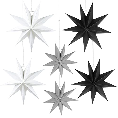 HBSTK 6 x Faltstern Weihnachten Papiersterne 9 Zacken 3D zur Dekoration von Fenster Weihnachtsbaum Advent 2 x Φ45, 2 x Φ30, 2 x Φ25 cm (Schwarz, Weiß, Grau) von HBSTK